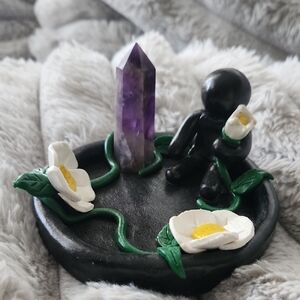 Black Trinket Tray with Flower accents and Amethyst Crystal